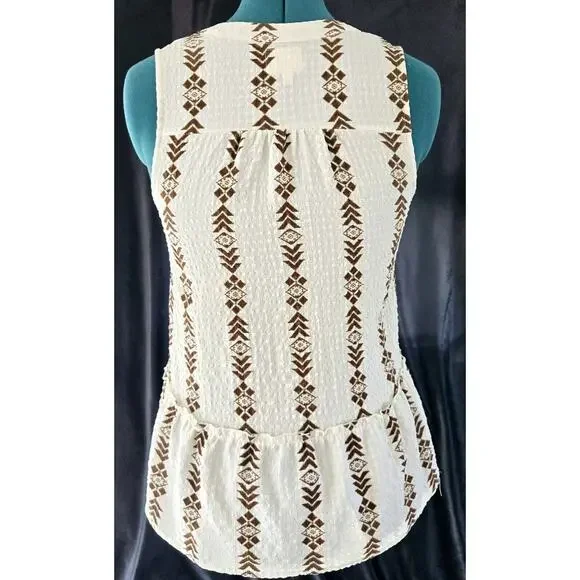 Sterling & Stitch Womens Western Geometric White Brown Ruffle Tank Top Sz Small - Picture 3 of 6